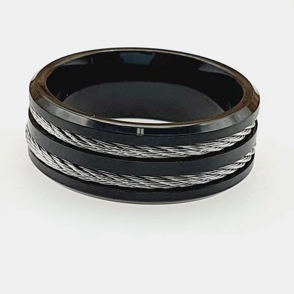 Rope Inlay Black Titanium Wedding Ring, GALTUN553